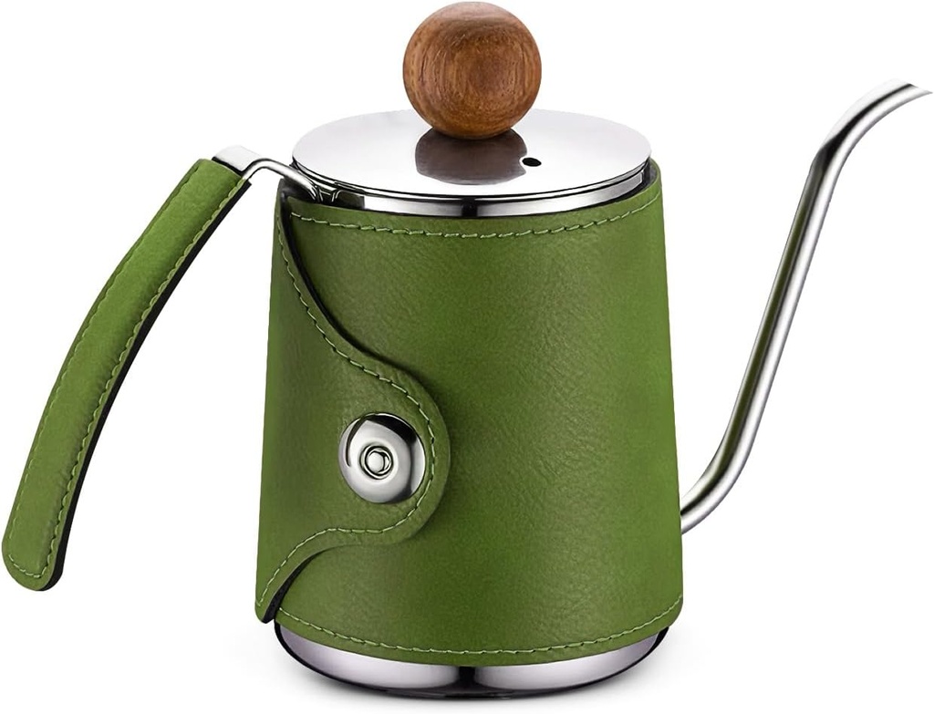 Art Pour-Over Coffee Kettle – 12OZ, Premium Magnetic Leather Sleeve, 304 Stainless Steel Gooseneck Kettle, Precision Brewing Design, Meadow Green