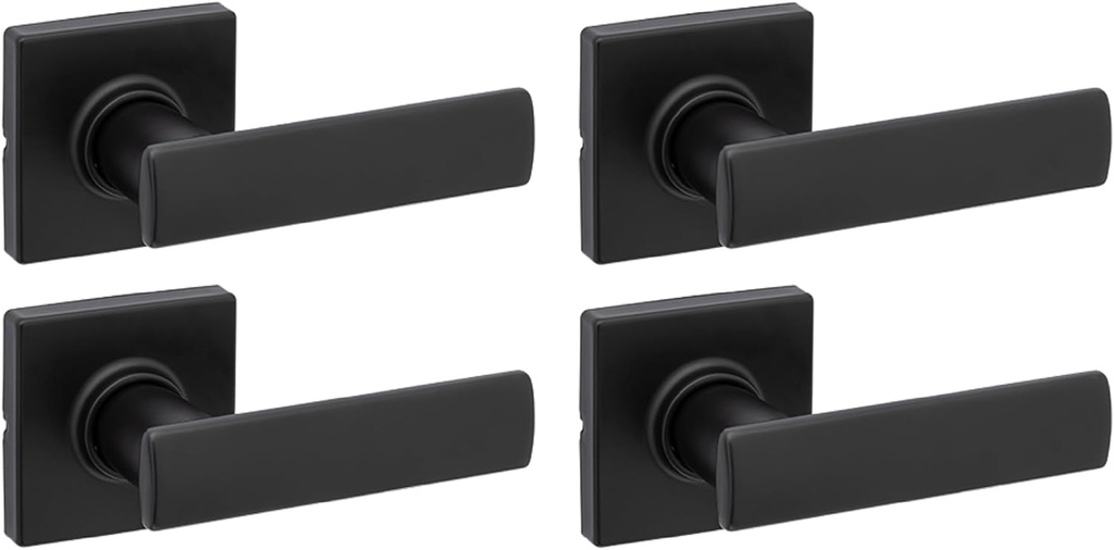 Kwikset Breton Interior Passage Door Handle 4 Pack, Lever for Closet and Hallway Doors, Reversible Non-Locking Handle Lever, Matte Black, with Microban Protection