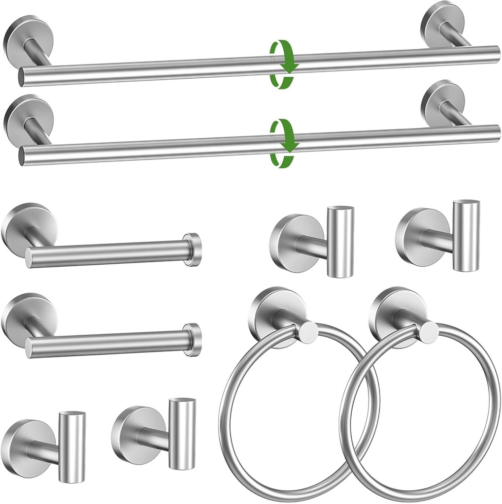 10-Piece Towel Bar Set Brushed Nickel Bathroom Hardware Accessories Set Includes 23.6in Towel Bar Round Towel Ring TP Holder and Hooks Stainless Steel Wall-Mounted Towel Racks Set for Bathroom