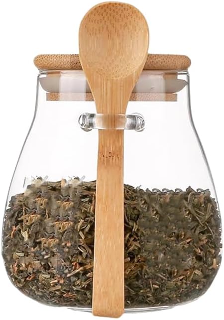 12 oz Glass Storage Jar with Bamboo Lid and Spoon Airtight Kitchen Container Wide Mouth Leak-Proof Food Canisters for Coffee Beans Tea Leaves Grains Dried Fruits