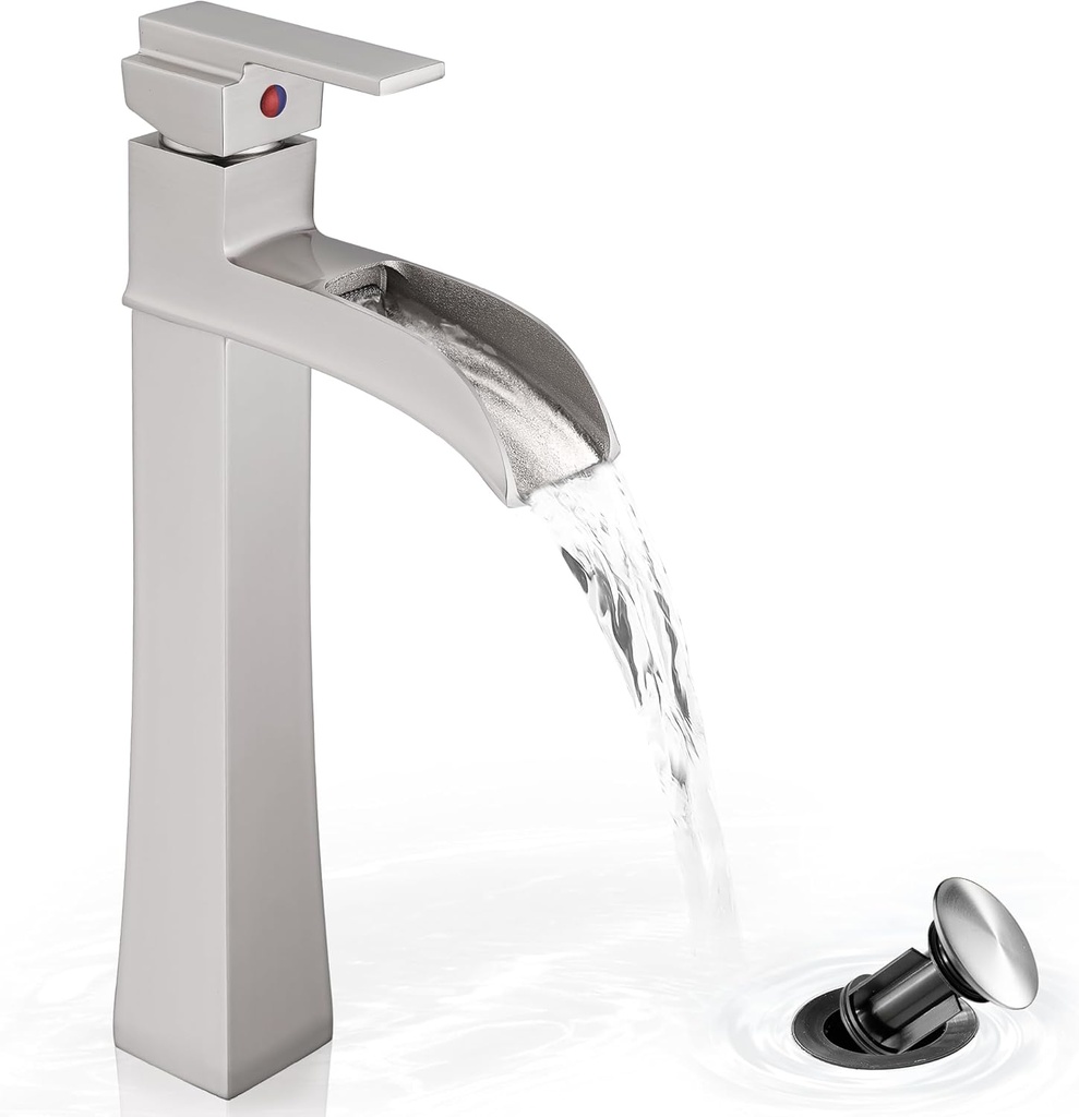 Brushed Nickel Bathroom Vessel Sink Faucet, 12 Inch Brass Waterfall Tall Bathroom Faucet 1 Hole with Drain, Single Handle for Countertop Vanity Modern Retro Farmhouse Bowl Sink, 5 Mins Install