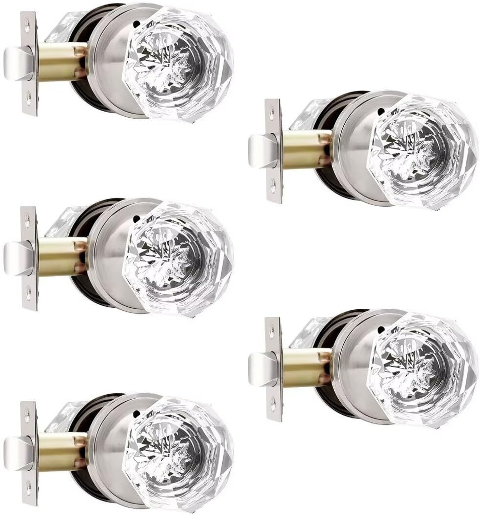 Privacy Crystal Door Knobs 5 Pcs, Glass Satin Nickel Door Knobs with Lock, Interior Chrome Door Knobs for Bedroom and Bathroom