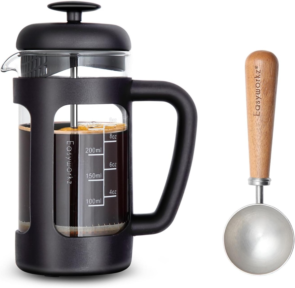 Easyworkz French Press 12 oz Coffee Tea Maker, Bundled with Retro Stainless Steel 10g Measuring Coffee Spoon, Silver