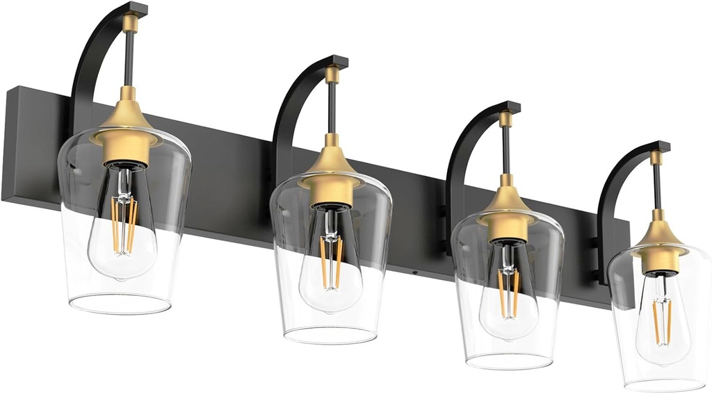 Ralbay Black/Gold Bathroom Vanity Light 4-Lights Industrial Black Vanity Lights Clear Glass Vintage Edison Wall Mount Light Fixtures for Bathroom