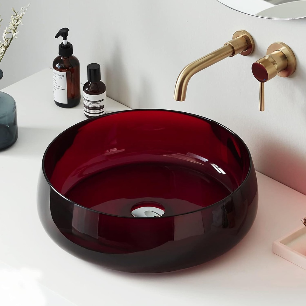 Cpingao Bathroom Sink Transparent Stone Resin 17.7'' Round Bathroom Vessel Sink, Above Counter Vessel Sink Basin with Pop-up Drain (Burgundy)