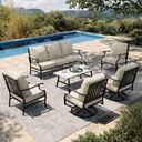 HERA'S HOUSE 6 Piece Patio Furniture Set, 2 x Swivel Chair, 2 x Fixed Chair, 1 x 3-Seat Sofa with Marbling Coffee Table, All Cushioned Outdoor Conversation Set for Lawn Garden Backyard