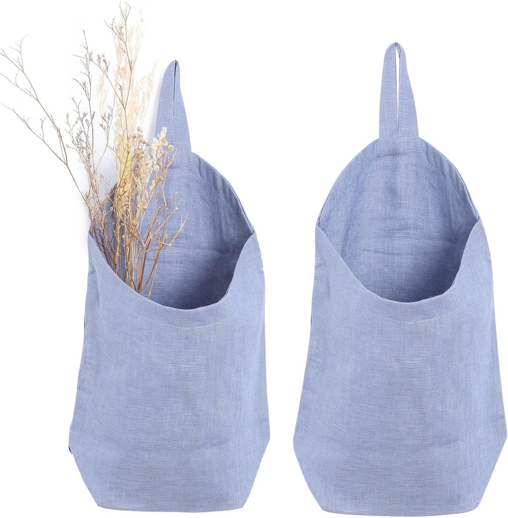 100% Linen Hanging Bags - 2 Pcs, Small Wall Storage Baskets for Kitchen, Bedroom, RV, Camper Organizer, Sewing Room, Nursery, Kids Room, Blue