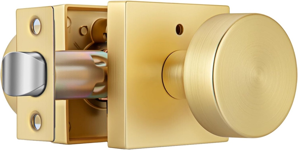 Gold Door Knobs Interior, Heavy Duty Brushed Gold Interior Door Knob, Square Bathroom/Bedroom Door Knob with Lock, Zinc Alloy Indoor DoorKnob (1 Pack)