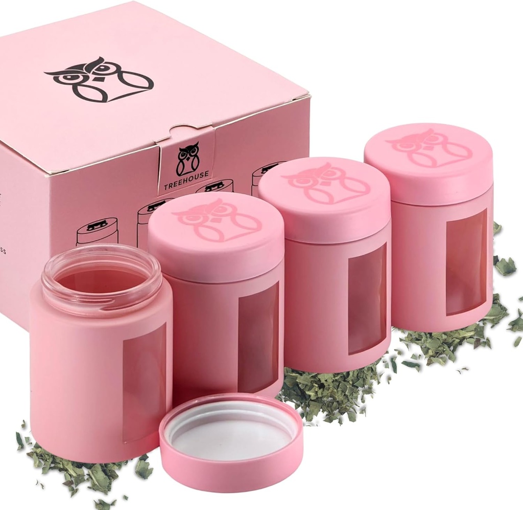 Treehouse Stash Jar Smell Proof Container (4 oz) Viewing Jars for Herbs, Spices, Coffee, Teas & More, Air Tight Jar, Thick UV Protection Glass, Smell Proof Herb Storage (Set of 4) (Matte Pink)
