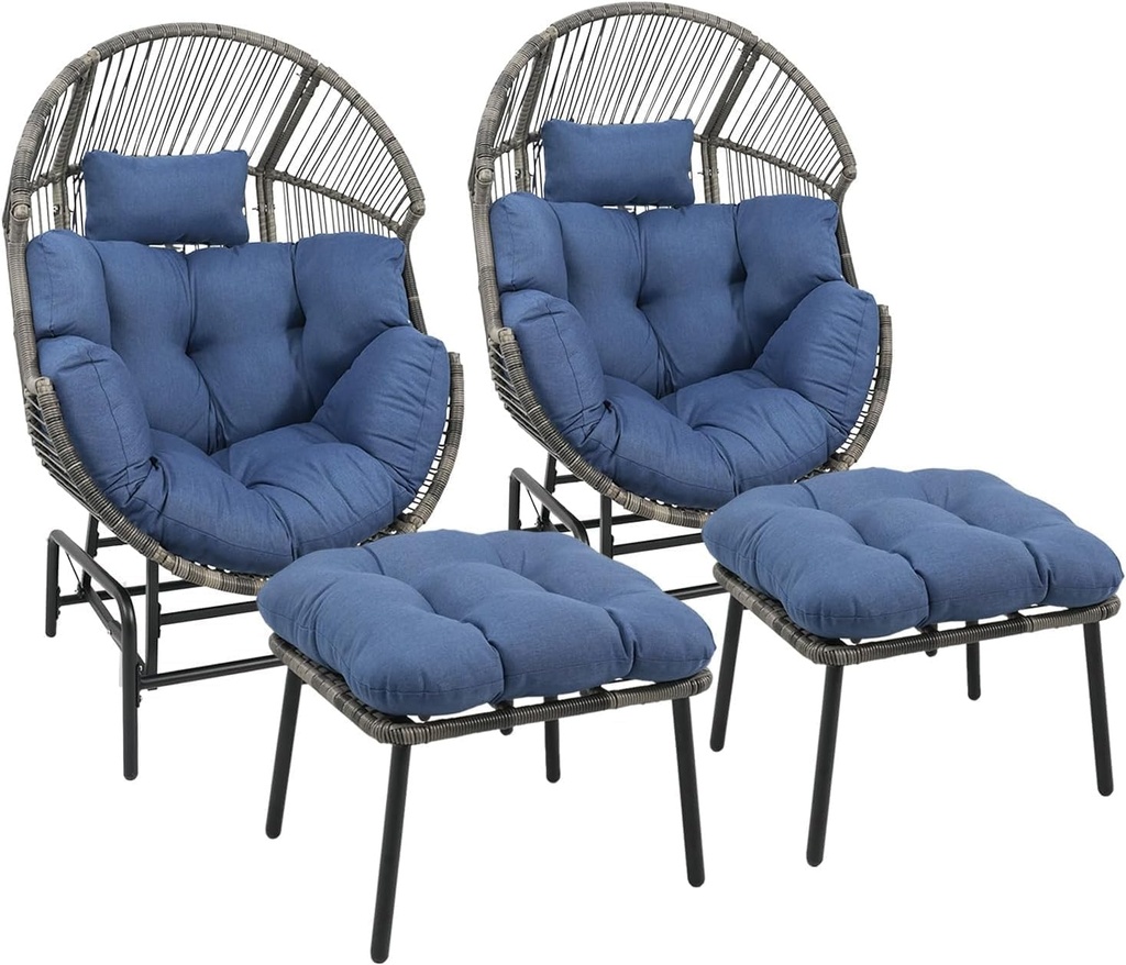 Egg Chair Outdoor Basket Chairs - 4 PC Wicker Patio Egg Cocoon Chairs Set with 2 Chairs and 2 Ottomans Rattan TearDrop Cuddle Chair for Indoor Bedroom Outside Porch Deck Backyard Garden(Grey/Blue)