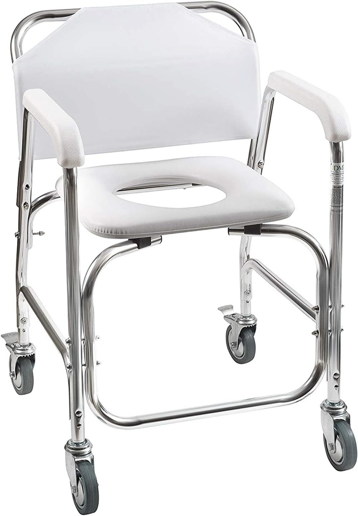 DMI Rolling Shower Chair, Commode, Transport Chair, FSA Eligible, Rolling Bathroom Wheelchair for Handicap, Elderly, Injured or Disabled, Rear Locking Wheels, 250 lb. Weight Capacity, White