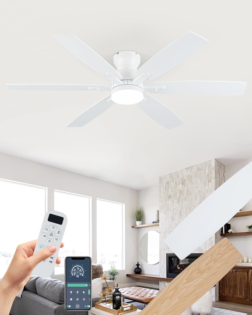 Coolwind 52 Inch White Low Profile Ceiling Fan with Light, 6 Speeds 3 Color Temperatures Led Outdoor Ceiling Fans for Bedroom
