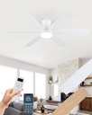 Coolwind 52 Inch White Low Profile Ceiling Fan with Light, 6 Speeds 3 Color Temperatures Led Outdoor Ceiling Fans for Bedroom