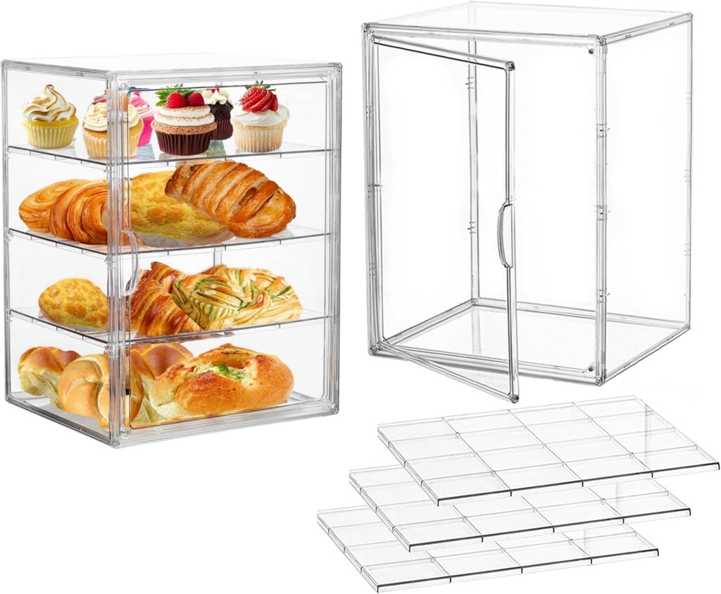 Attelite Pastry Display Case,2 Pack 4 Layers Adjustable Clear Bread Box for Kitchen Countertop,Bread Storage with Magnetic Door Bakery Pastry Display15.5x11.4x9.8inch