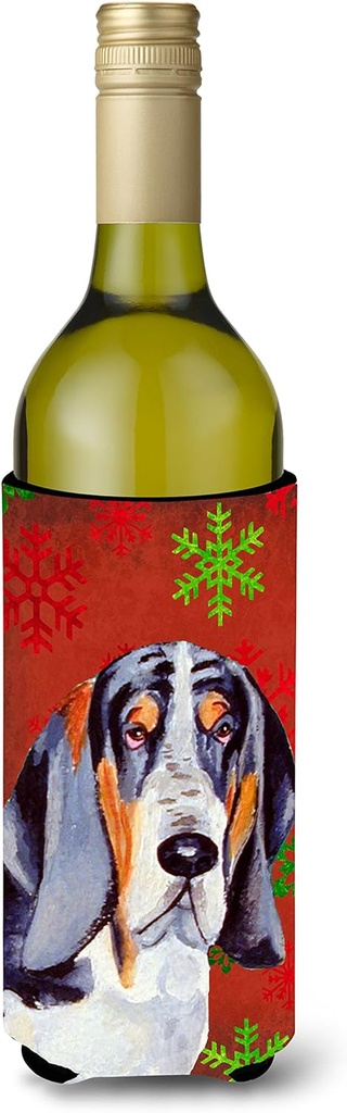Caroline's Treasures LH9327LITERK Basset Hound Red and Green Snowflakes Holiday Christmas Wine Bottle Hugger Bottle Cooler Sleeve Hugger Machine Washable Collapsible Insulator Beverage Insulated Holde