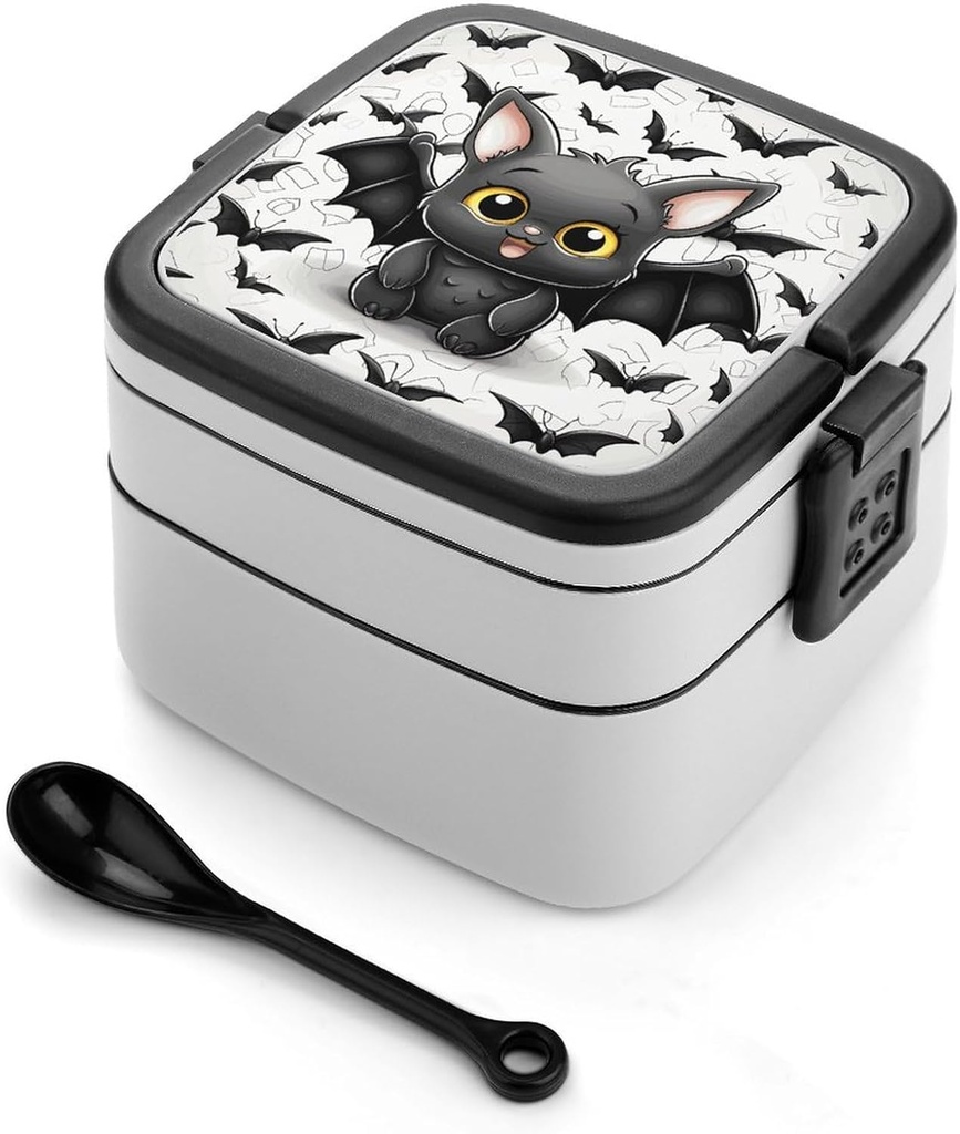 Bento Box Stackable Lunch Box with 2 Compartments Leak-Proof Food Storage Containers Cute Bat Bento Lunch Box for Adults Lunch Containers with Utensil Set, Black