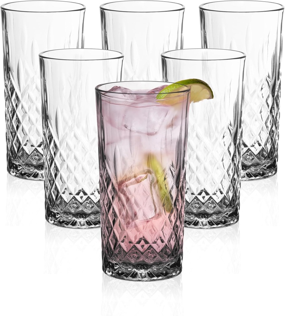 Vikko Drinking Glass, Set of 6 Crystal Style Tall Beverage Glasses, 12.25 Ounce Old Fashioned Highball Glasses, Dishwasher Safe Textured Collins Glass
