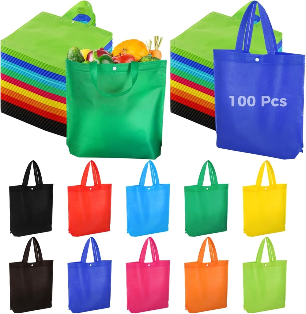 100 Pcs Tote Bags Bulk, 15 × 12.6 in Reusable Shopping Bags, Non Woven Bulk Tote Bags with Handles & Buttons, Washable & Foldable Present Bags for Parties, Camping, Retail, 10 Colors