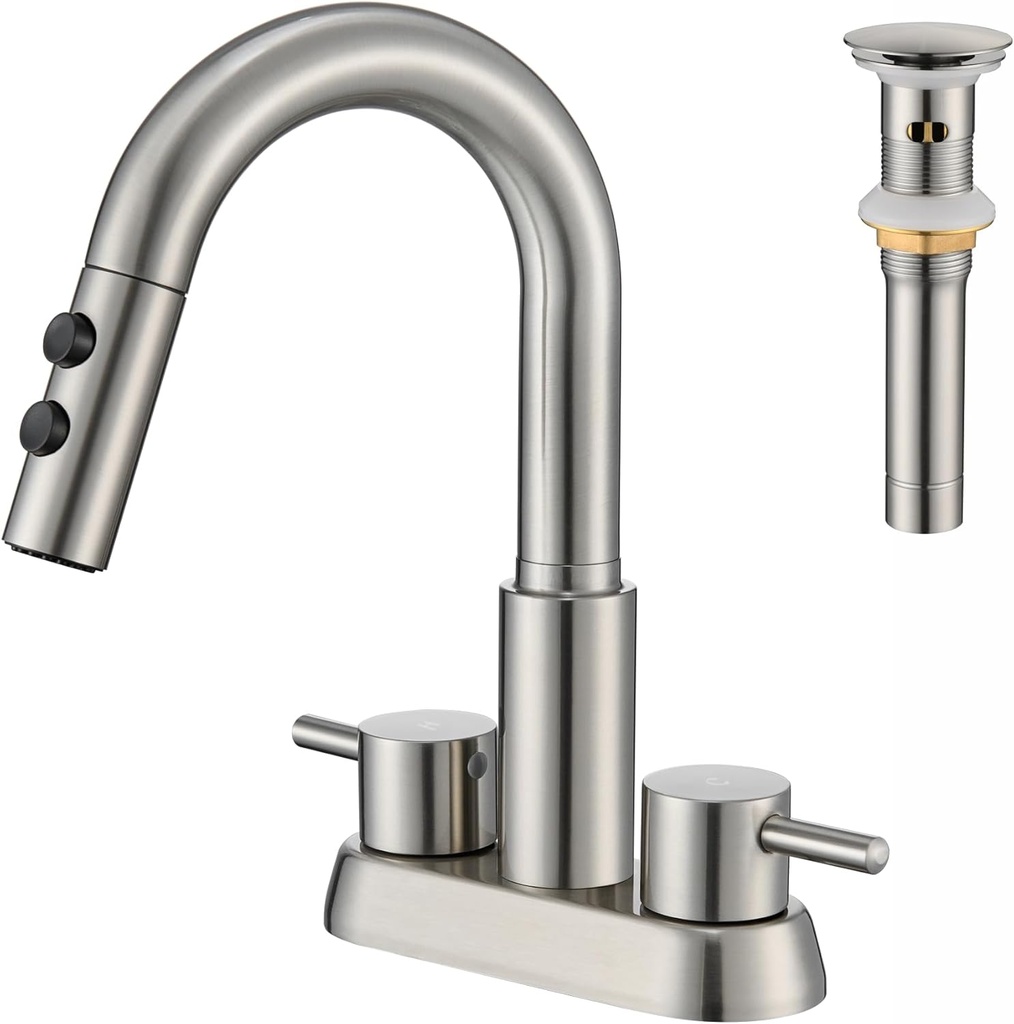 Bathroom Faucet with Pull Down Sprayer 3 Holes, Brushed Nickel 4 inch 2 Handles Centerset Laundry Bar Basin Pull Out Bathroom Sink Faucet with Pop-Up Drain, KBL-6002BN