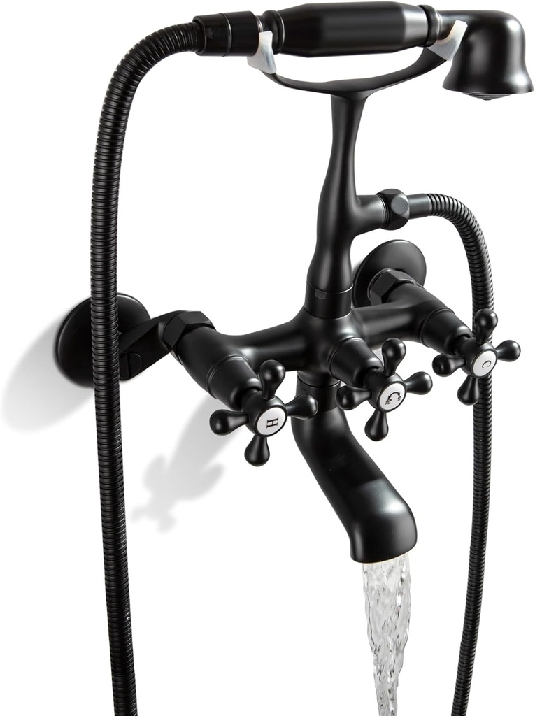 SKOWLL Clawfoot Tub Faucet, Wall Mount Bathtub Faucet with Sprayer Bathroom 3 Handle Shower Faucet Set, Matte Black Garden Tub Faucet Set Include Hand Held Shower