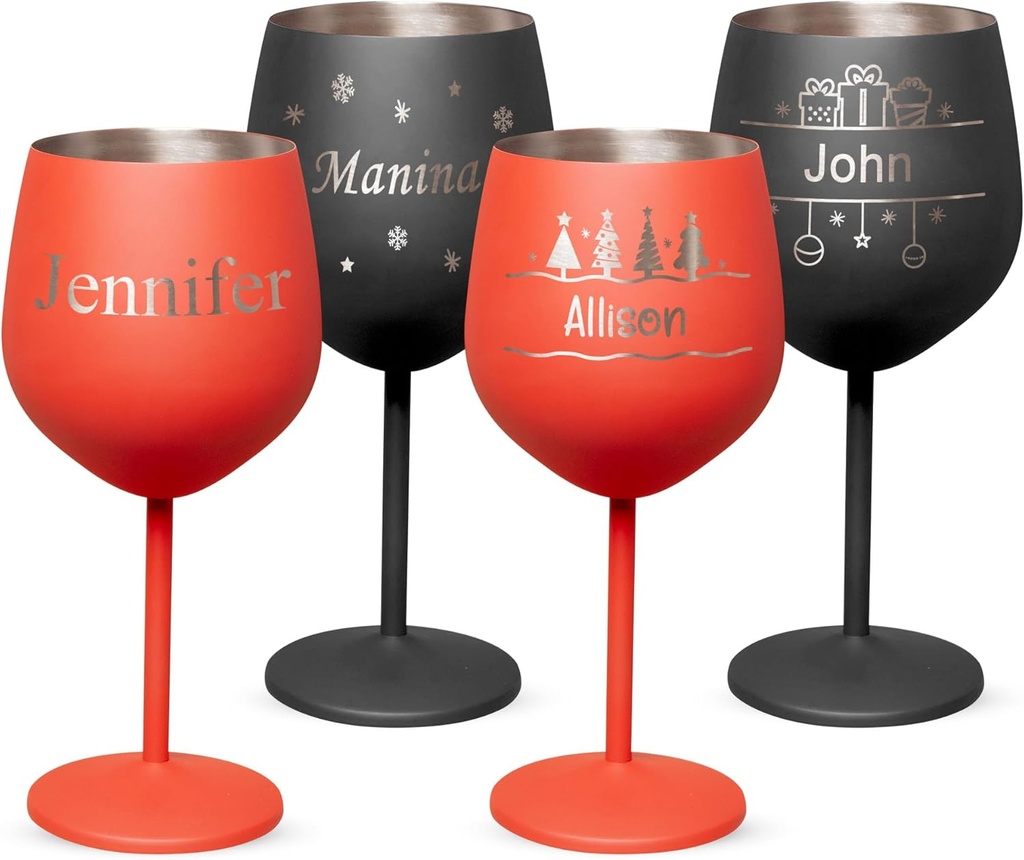 Custom christmas stainless steel wine glasses, personalized 18 oz unbreakable metal powder coated brushed wine goblet, engraved corporate holiday employee gift cup for red wine white wine
