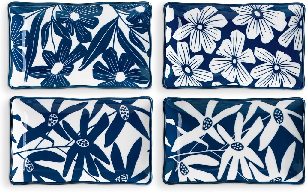 ONEMORE Appetizer Plates Set of 4, 7.5 in Small Serving Plates, Porcelain Rectangular Platters for Dessert Salad Sushi, Blue and White Dinner Plates Microwave Oven & Dishwasher Safe, Scratch Resistant