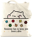 DnD Collection Tote Bag for Women, Cat Throwing Dice, Dungeon Master, Dragons Gamer Gift, Dungeons And Dragons Gifts for Women, Reusable Canvas Cute Shoulder Bag for Shopping, Grocery, Work, Book