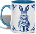 Dutch Delft Blue Bunny Mug, Vintage Rabbit Coffee Mug, Floral Easter Tea Cup, Traditional Ceramic Drinkware, Festive Spring Gift, 11oz Blue and White Coffee Cup for Home, Kitchen and Office