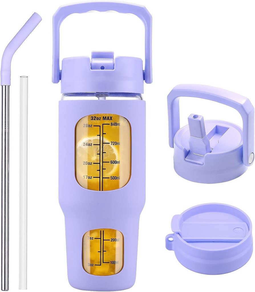 kytffu Glass Tumbler with Straw and Lid, 32oz Iced Coffee Cup, Glass Water Bottle with Time Marker, Wide Mouth Glass Cup with Silicone Sleeve, Fits Cup Holder, BPA Free, Leak Proof (2 Lids, Purple)