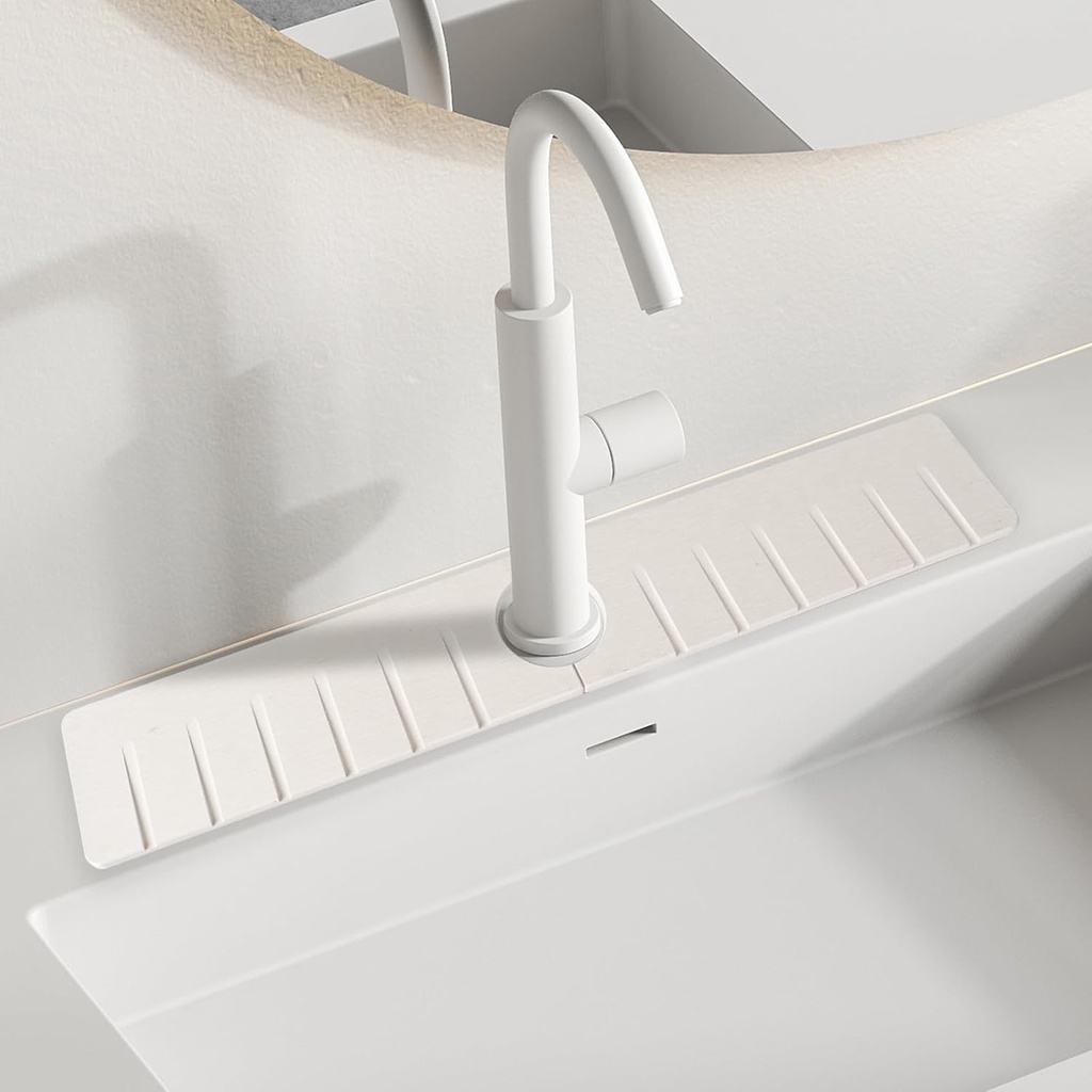 Stone Faucet Mat for Kitchen Sink,Diatomite Kitchen Sink Splash Guard with Raised Feet,Water Absorbent,Durable Protector for Bathroom Counter– White