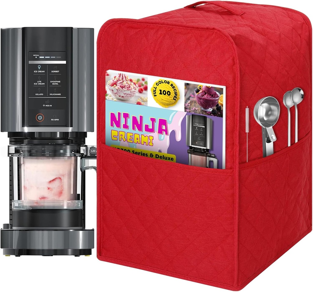 Dust Cover Compatible with Ninja CREAMi NC501, NC301, NC299AMZ, Ice Cream Maker Dust Cover Compatible with Ninja Ice Cream Maker Machine with Accessories Pockets (Red, commom)