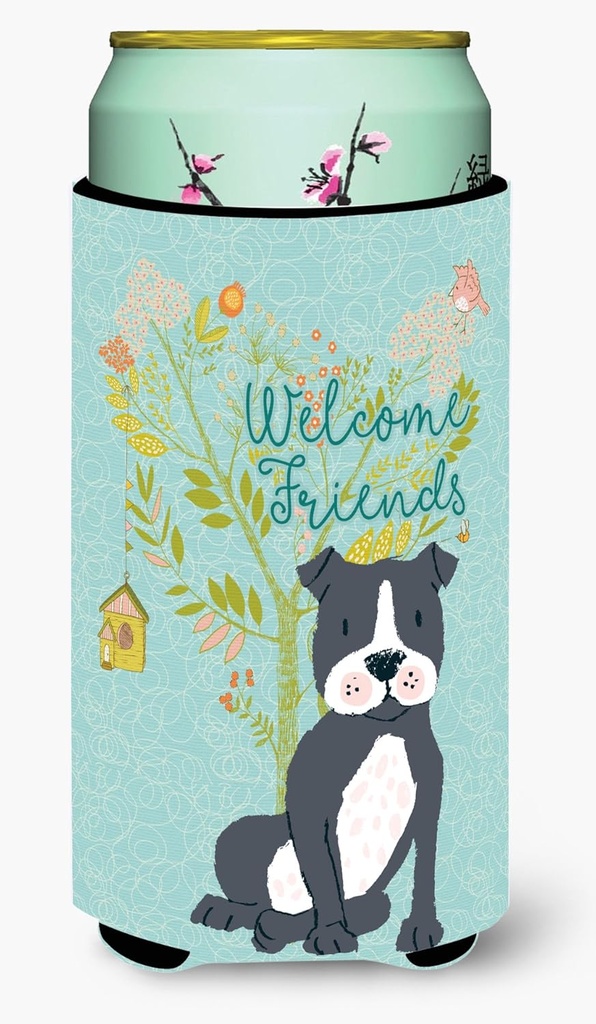 Caroline's Treasures BB7623TBC Welcome Friends Black Staffie Tall Boy Hugger Can Cooler Sleeve Hugger Machine Washable Drink Sleeve Hugger Collapsible Insulator Beverage Insulated Holder
