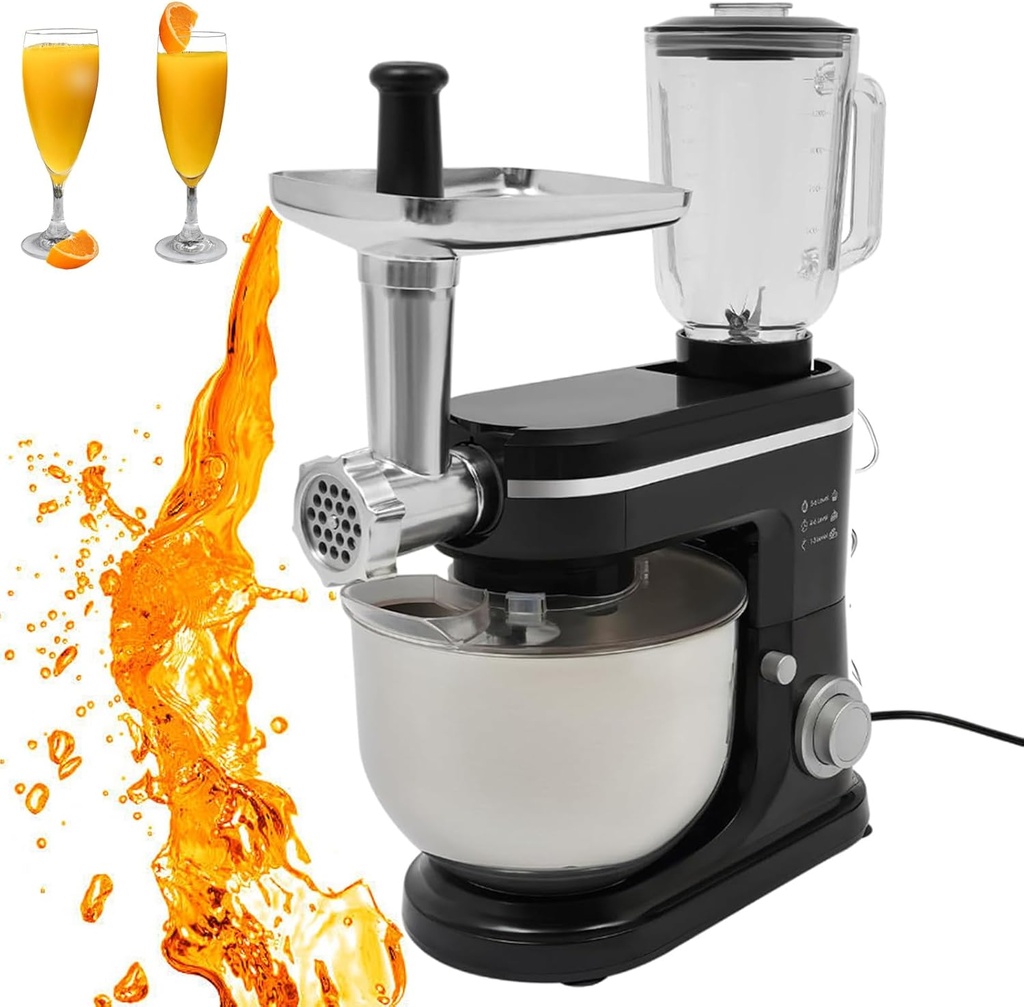 1500w Food Blender And Meat Grinder, Mixing Jug And Dough Hook And Whisk And Splash Guard, Electric Food Mixer 6l Stainless Steel Bowl For Making Family Party Dinners (Black, White),Black