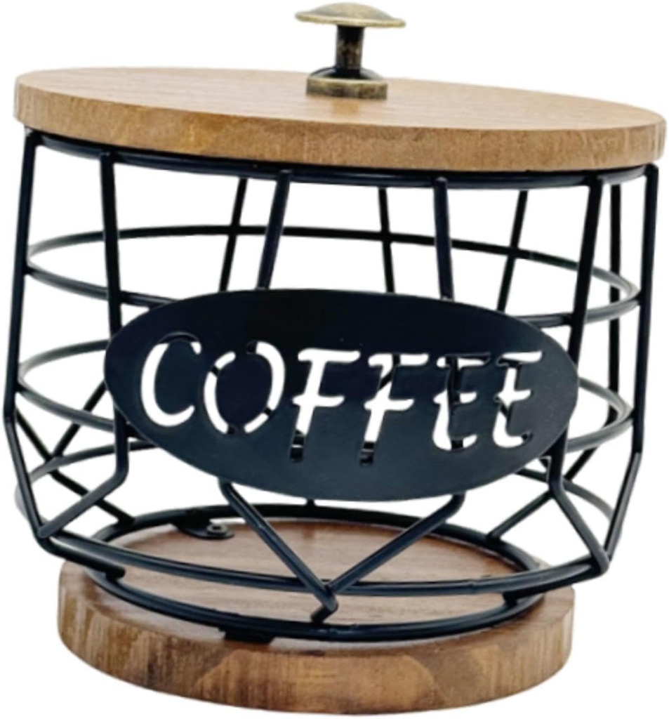 Coffee Pod Holder with Wooden Base - Metal Wire Organizer Storage Basket for Capsules K-Cups - Space Saving Design for Home Cafe Desktop