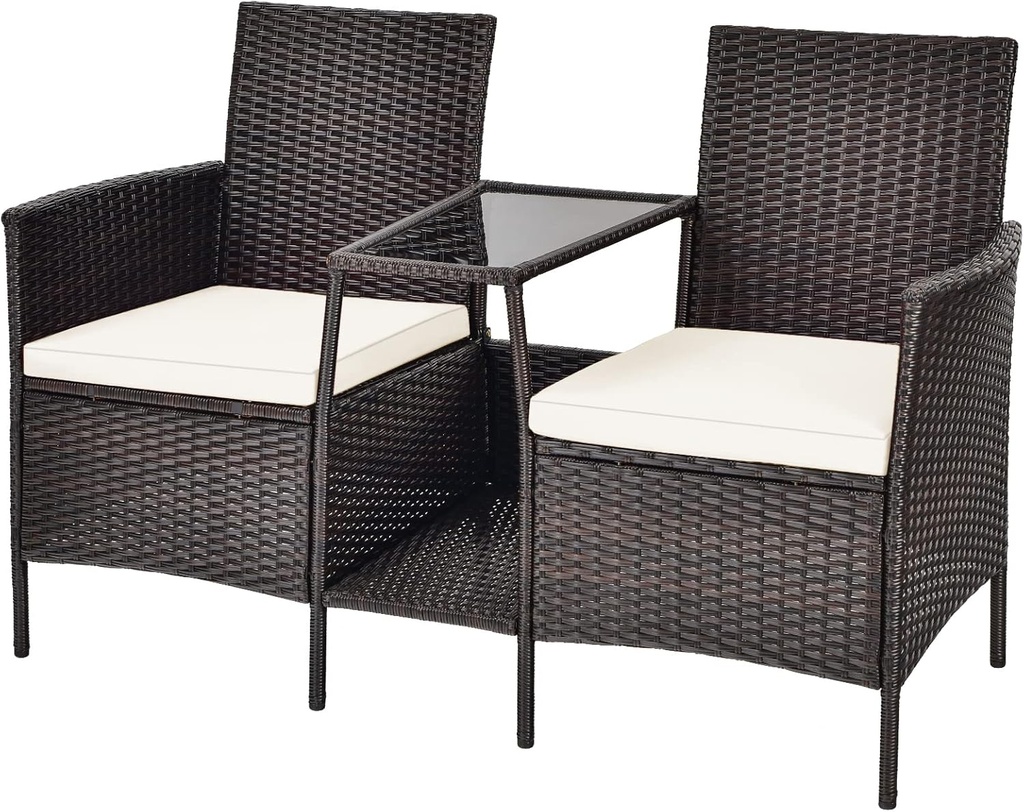 RELAX4LIFE Patio Outdoor Loveseat Set - PE Wicker Conversation Set w/Removable Cushion, Build-in Tempered Glass Coffee Table, Rattan 2-Seater Chair for Porch, Balcony, Patio Furniture Set (Brown)