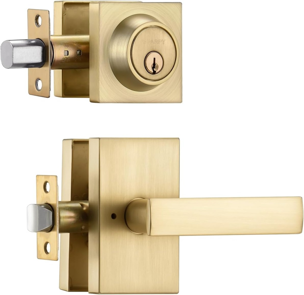 Satin Brass Exterior Door Lock Set, Front Door Handle with Deadbolt, Heavy Duty Entry Door Handleset