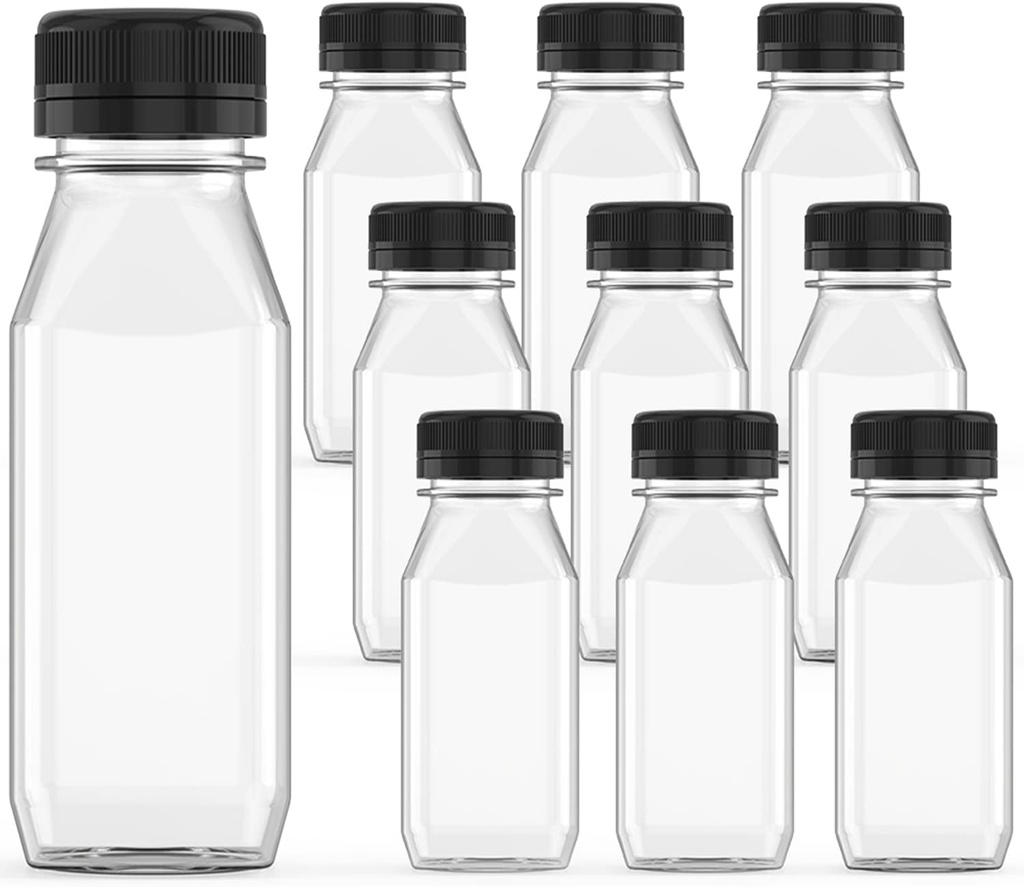 5 Pcs 8 oz Plastic Juice Bottle Reusable Transparent Bulk Beverage Containers with Black Lids for Juice, Drinking Milkshake Tea, Milk, Juicing Smoothie Water and Other Beverages, Fridge Storage