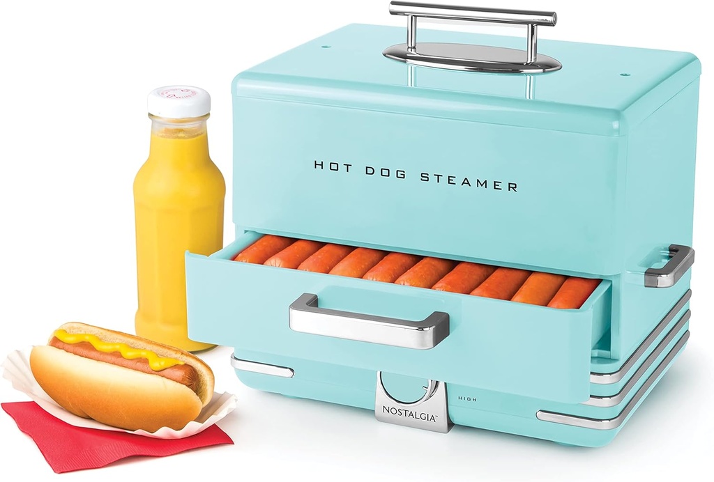 Nostalgia Extra Large Diner-Style Steamer, 20 Hot Dogs and 6 Bun Capacity, Perfect for Breakfast Sausages, Brats, Vegetables, Fish, Aqua