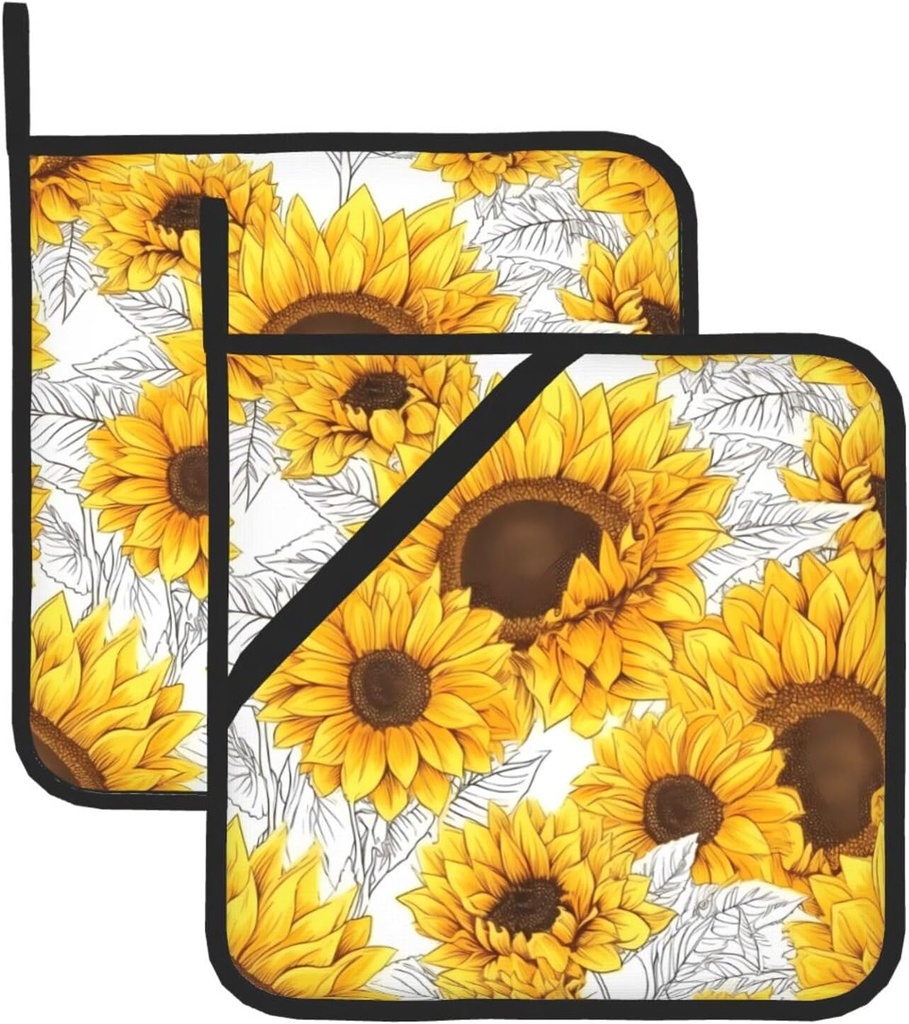 Square Heat Resistant Hot Pads Set of 2, Thick 8x8 Inch Kitchen Trivets, Sunflowers Pot Holders Sets, Non-Slip Pot Holders for Countertops, Oven, BBQ & Microwave with Hanging Loop & Storage Pocket