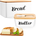 Hushee Metal Bread Box and Butter Dish with Bamboo Cutting Board Lid and Knife Bread Storage Container Breadbox for Kitchen Counter Butter Organizer for Kitchen Countertop Decoration(White)