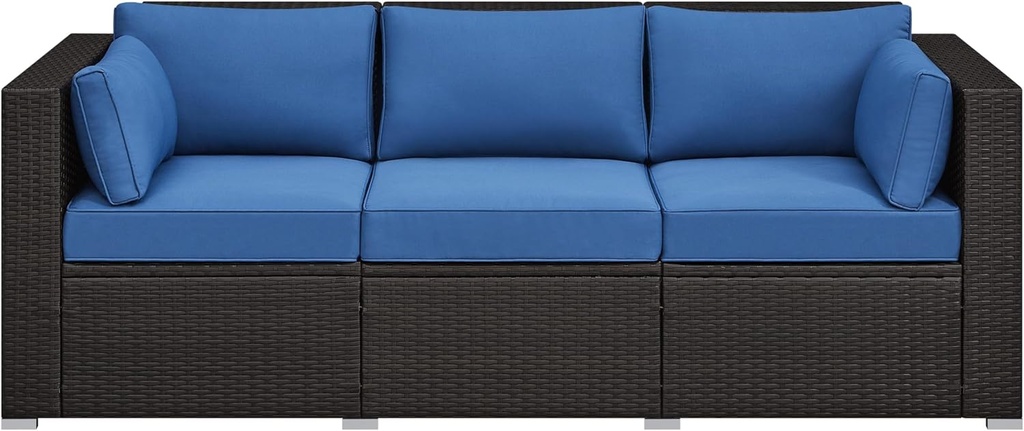 Yaheetech 3-Seat Patio Wicker Sofa, Outdoor Rattan Couch with Furniture Cover, Deep Seat High Back with Cushions & Throw Pillows for Deck/Porch/Balcony/Yard, Brown/Dark Blue