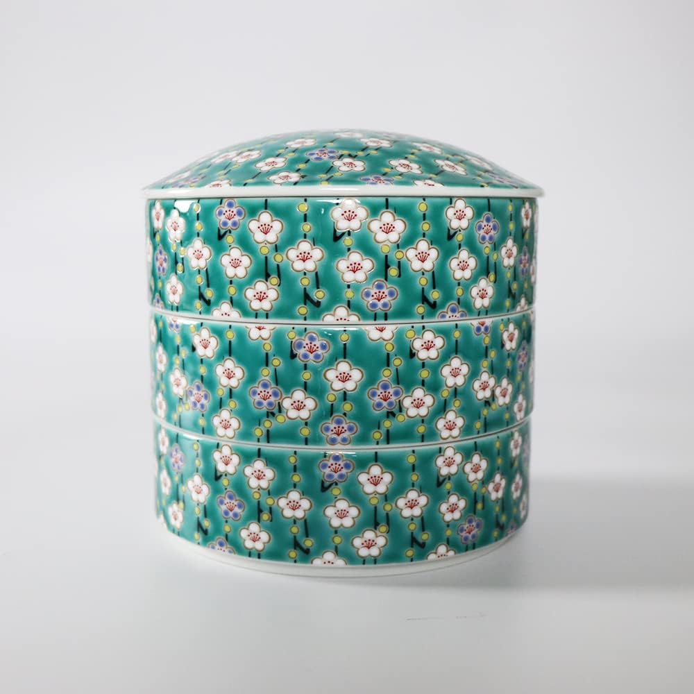 Traditional Japanese Bento Box, 3-tiered, Kutani Ware SK453 (Plum white flower design)