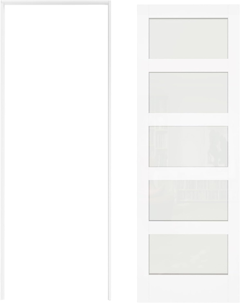 24" x 80" French Interior Door - 5 Lites Tempered Frosted Glass Pantry Door Slab with Door Jamb Frame, Closet & Bathroom Single Door Panel Need to Assembly (Not Including Handles and Hinges)