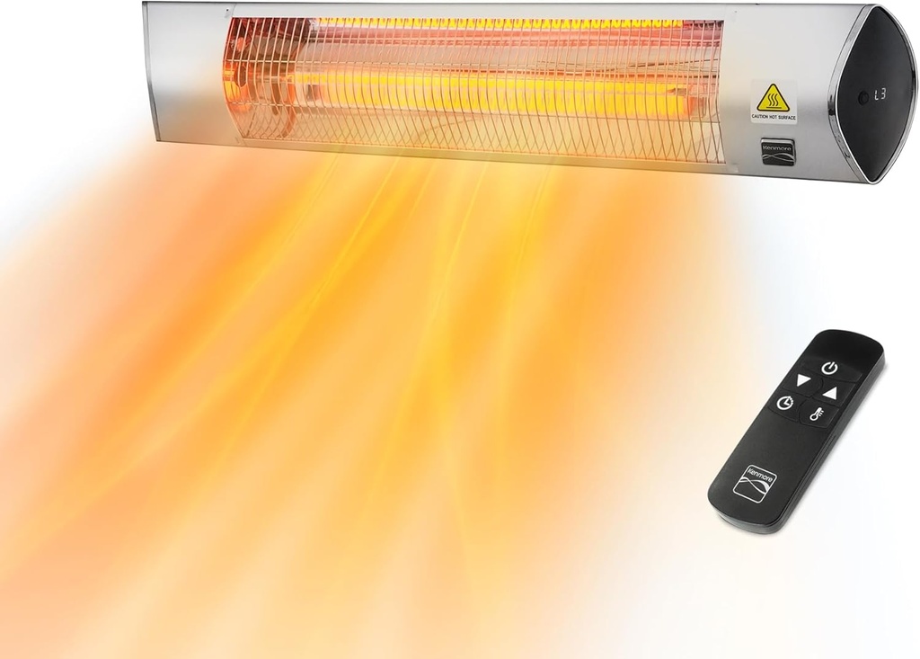 Kenmore Wall Mouted Electric Outdoor Heater for Outdoor Patios or Decks, 3 Heat Levels, 1500W Instant Heating, 24h Timer, Waterproof, Remote Included, Wall-Mouting Brackers Included