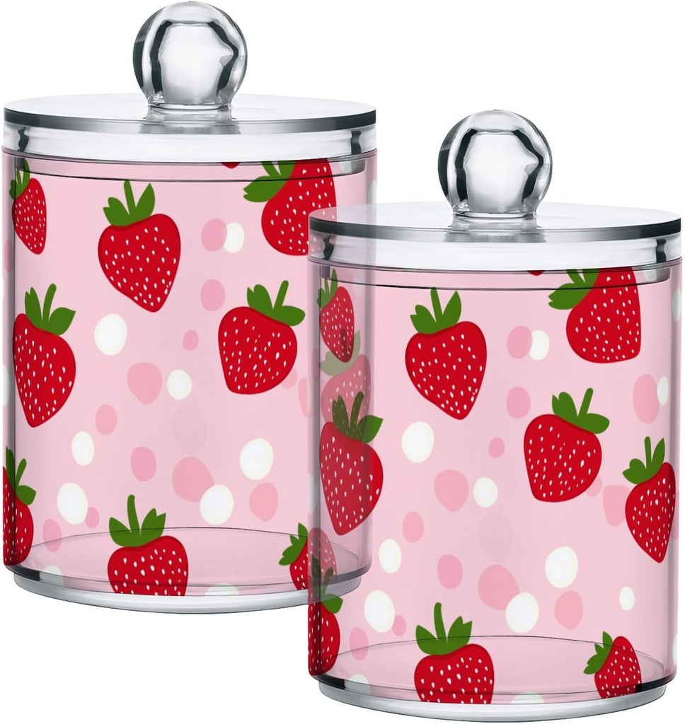 Acrylic Plastic Clear Jar with Lid, Strawberry Dots Pattern Airtight Storage Jar 2 Pack Kitchen Storage Containers for Cookie Snack Candy