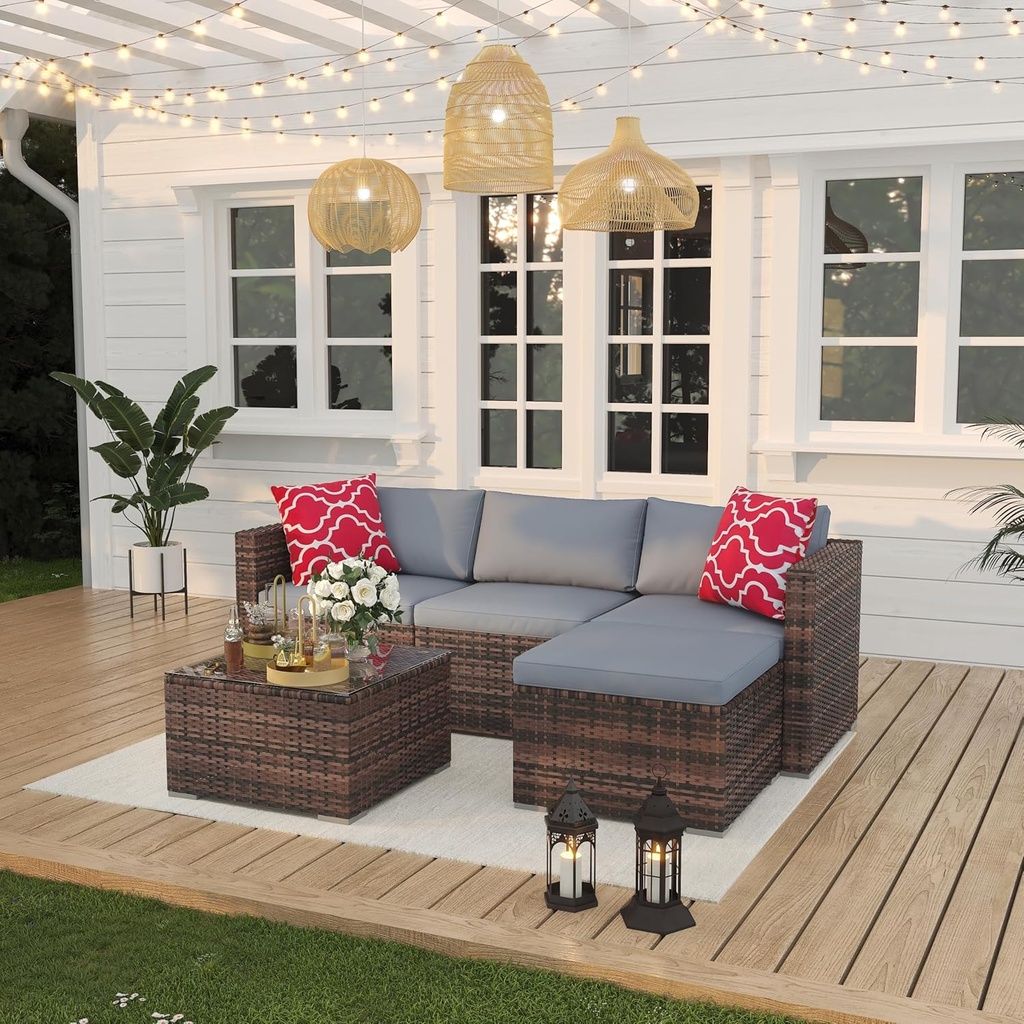 5 Pieces Patio Furniture Sets, All Weather Manual Rattan Chairs with Soft Cushion and Glass Table, Outdoor Wicker Conversation Sets for Garden, Terrace, Porch, Lawn, Poolside, Brown and Grey