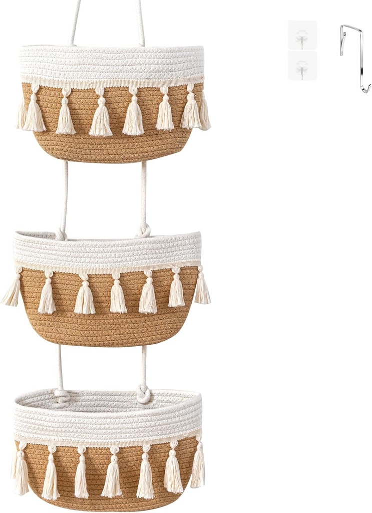 Over The Door Organizer Hanging Basket,3-Tier Boho Woven Wall Decor Baskets Cotton Wall Mounted Storage Organizer Bag for Home Decor Kitchen Laundry Room Dorm（White&Jute）