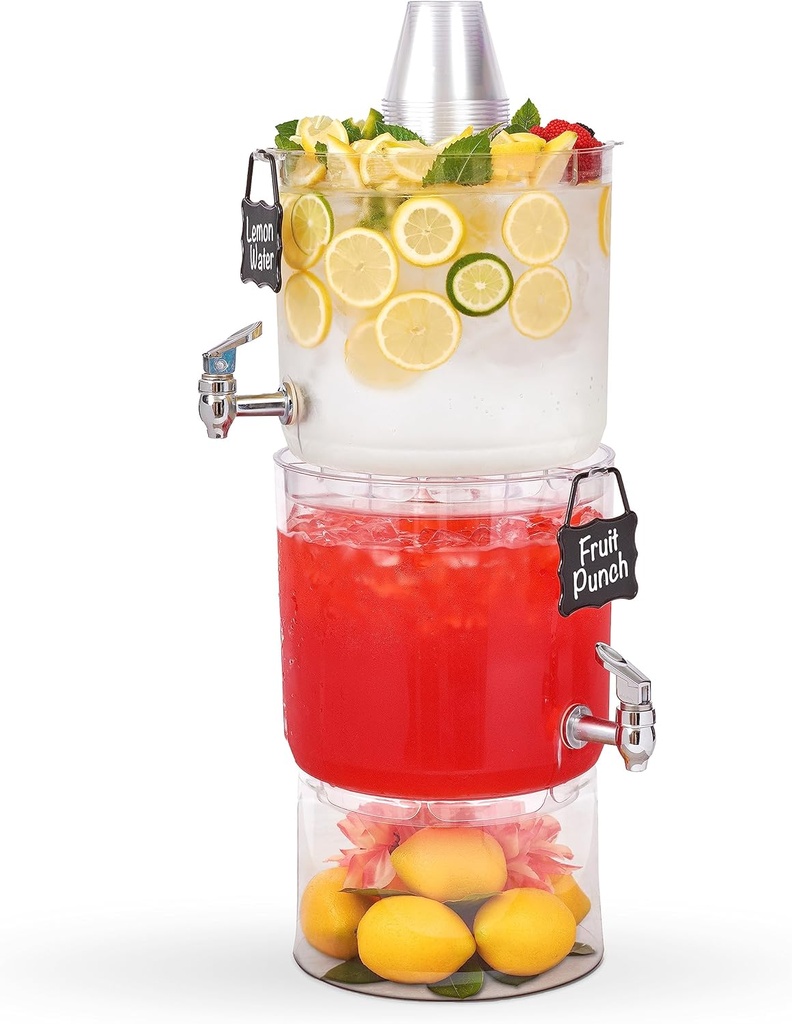 Buddeez Durable 2 Gallon Beverage Dispenser with Stand - Stackable Drink Server for Parties - Includes Party Top Lid and Chalk board Tag