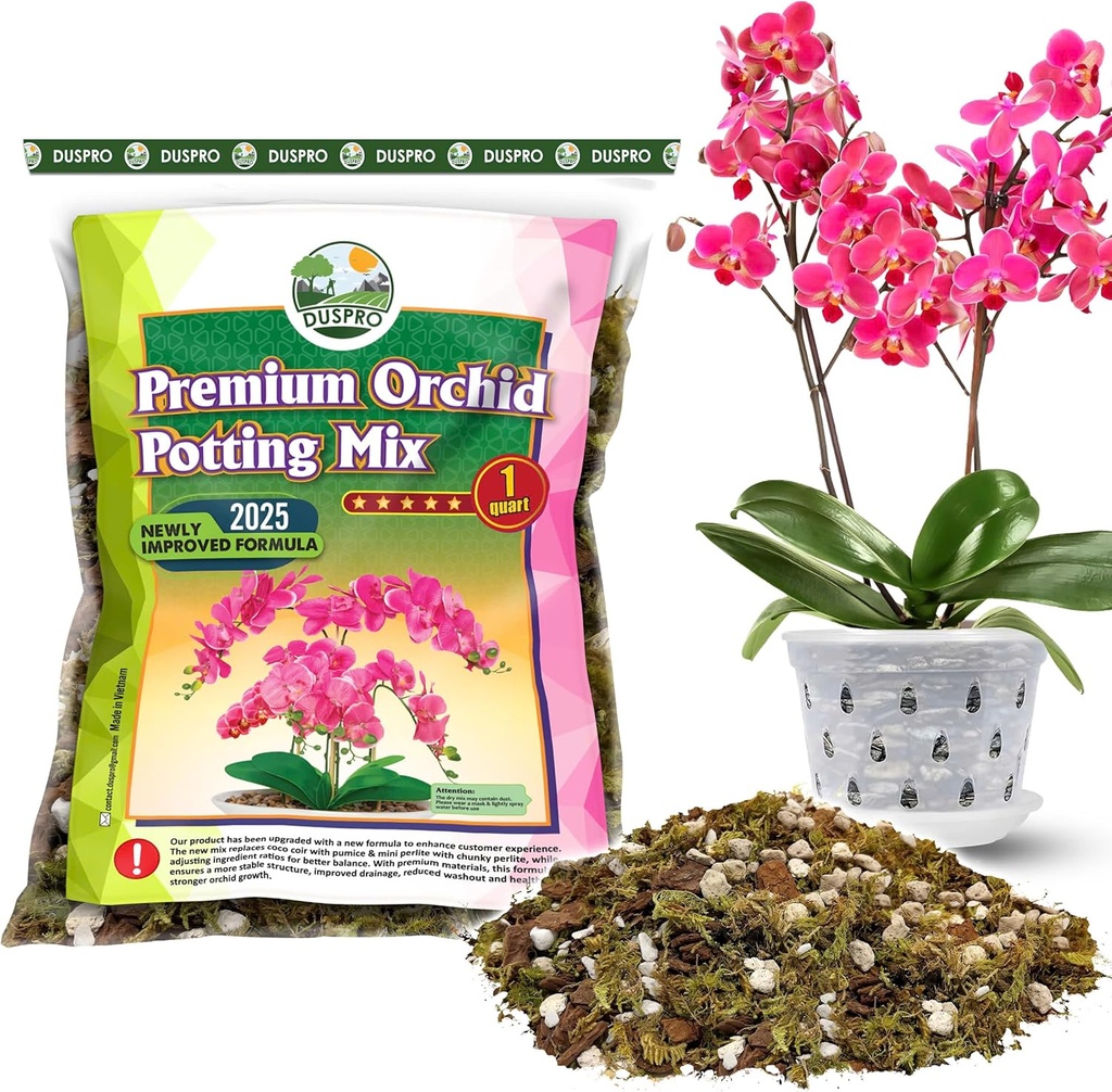 [Upgraded] DUSPRO Orchid Potting Mix for Repotting with Forest Moss, Pine Bark, Perlite & Pumice, Orchid Bark Potting Mix, Orchid Repotting Soil, Drainage Indoor Potting, Orchid Pot Not Included,1 QRT