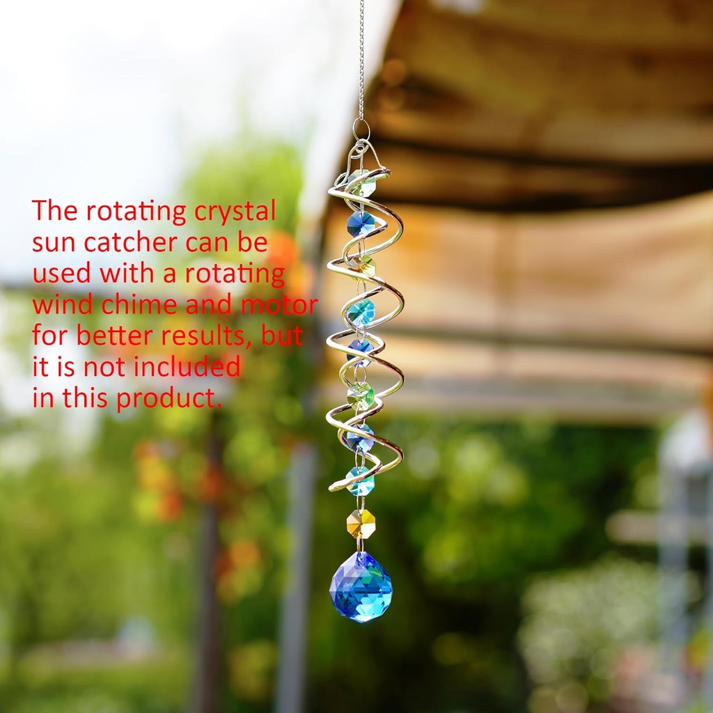 H&D HYALINE & DORA 20.5inch Gazing Ball Spiral Tail,Decorative Wind Spinner Sun Catcher,Rainbow Maker Double-Spiral W/Sea Blue Crystal Ball and Chain,Glass Crystals for Indoor Outdoor Decoration